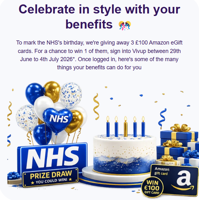 UHMBT_OccHealth's tweet photo. Vivup - Health, Wellbeing &amp; Happiness @UHMBT Don't miss out on your chance to win £100 Amazon eGift card, sign up to Vivup via the trust intranet page and search Vivup before 4th July 🎉 https://t.co/E9W8zTQBSz