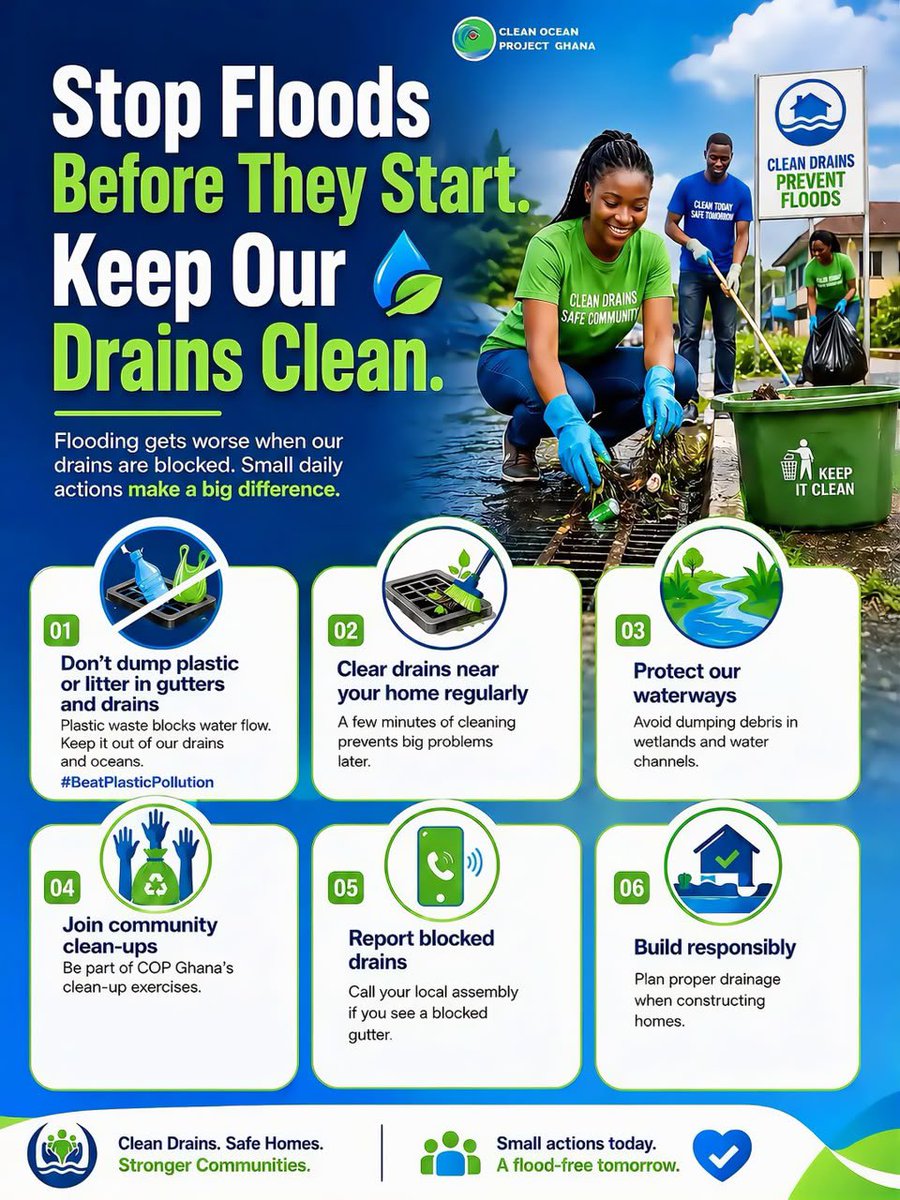 cleanoceangh's tweet photo. Stop Floods Before They Start 🌊 

Rain is heavy, but floods don’t have to be. 

Blocked drains are flooding our homes, streets, and communities. The fix? It starts with you. 

Keep our drains clean. Keep our communities safe.

6 Small Actions = Big Impact:
1. No plastic in gutters – #BeatPlasticPollution 
2. Clear drains near your home – 5 minutes can save a street 
3. Protect waterways – Don’t dump waste in wetlands 
4. Join COP Ghana clean-ups – Be part of the change 
5. Report blocked drains – Call your assembly 
6. Build responsibly – Plan proper drainage 

Clean Drains. Safe Homes. Stronger Communities.
Small actions today. A flood-free tomorrow. 💙

Clean Ocean Project Ghana