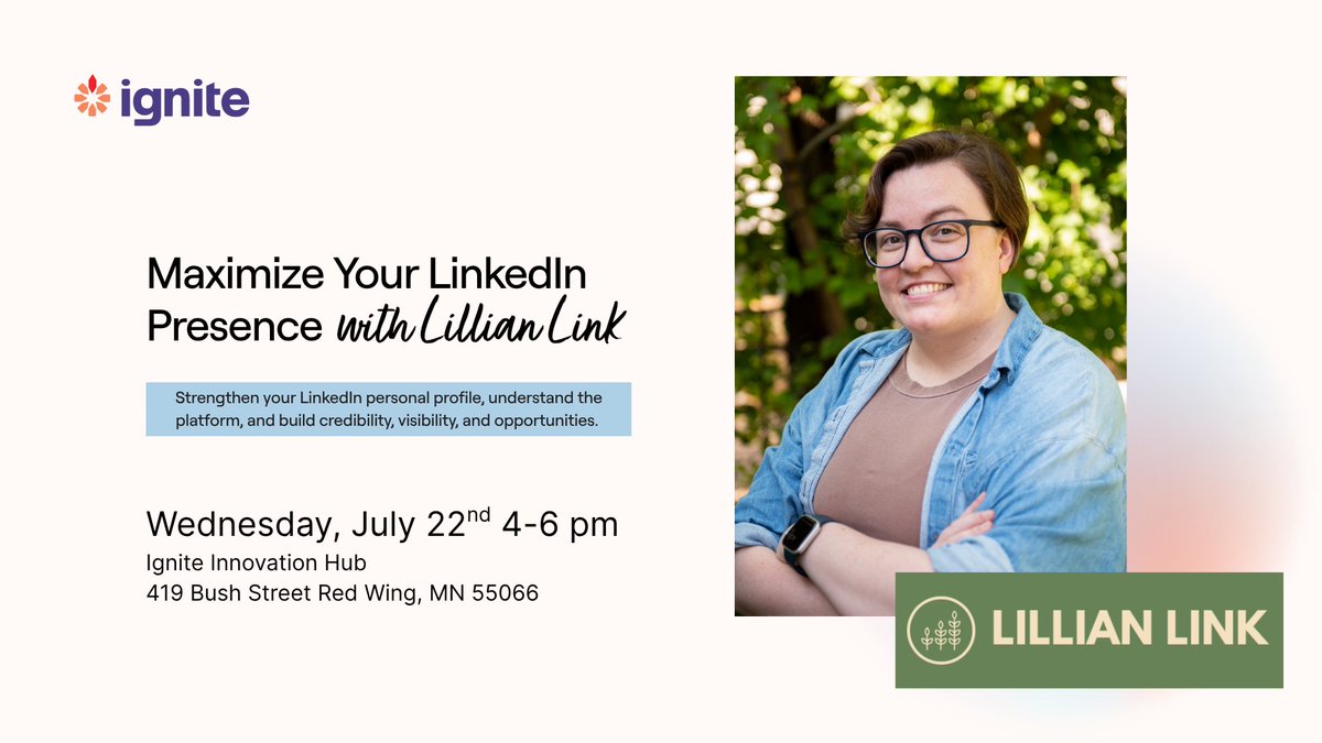 MNWomenInTech's tweet photo. Want to enhance your LinkedIn presence? Build credibility and increase your opportunities? It's the perfect time of year to take a roadtrip to Red Wing for this free workshop! :)

https://t.co/qw2wC5X7xp

#ProfessionalDevelopment #MNStartups #PersonalGrowth #RedWingMN https://t.co/f6oZFuQWyr