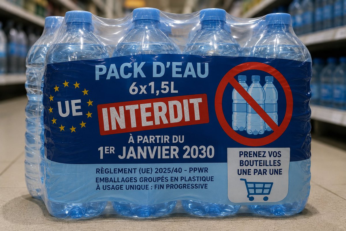 camille_moscow's tweet photo. 🇪🇺🚫 BRUXELLES FRAPPE ENCORE : FIN DES PACKS D’EAU GROUPÉS EN 2030

Sous prétexte de sauver la planète, l’UE impose via le PPWR (règlement 2025/40) l’interdiction progressive des emballages groupés en plastique à usage unique. À partir du 1er janvier 2030, vous devrez prendre vos bouteilles d’eau une par une au supermarché, comme des hamsters.

Priorité aux normes absurdes plutôt qu’à la réalité des Français. L’eurocratie ne rate jamais une occasion de compliquer la vie quotidienne.