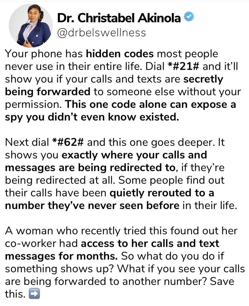 DAMIADENUGA's tweet photo. Someone could be listening to your calls, and reading your texts right now and you would never know.

These secret codes could reveal them right now. https://t.co/K9dfgG1AR8