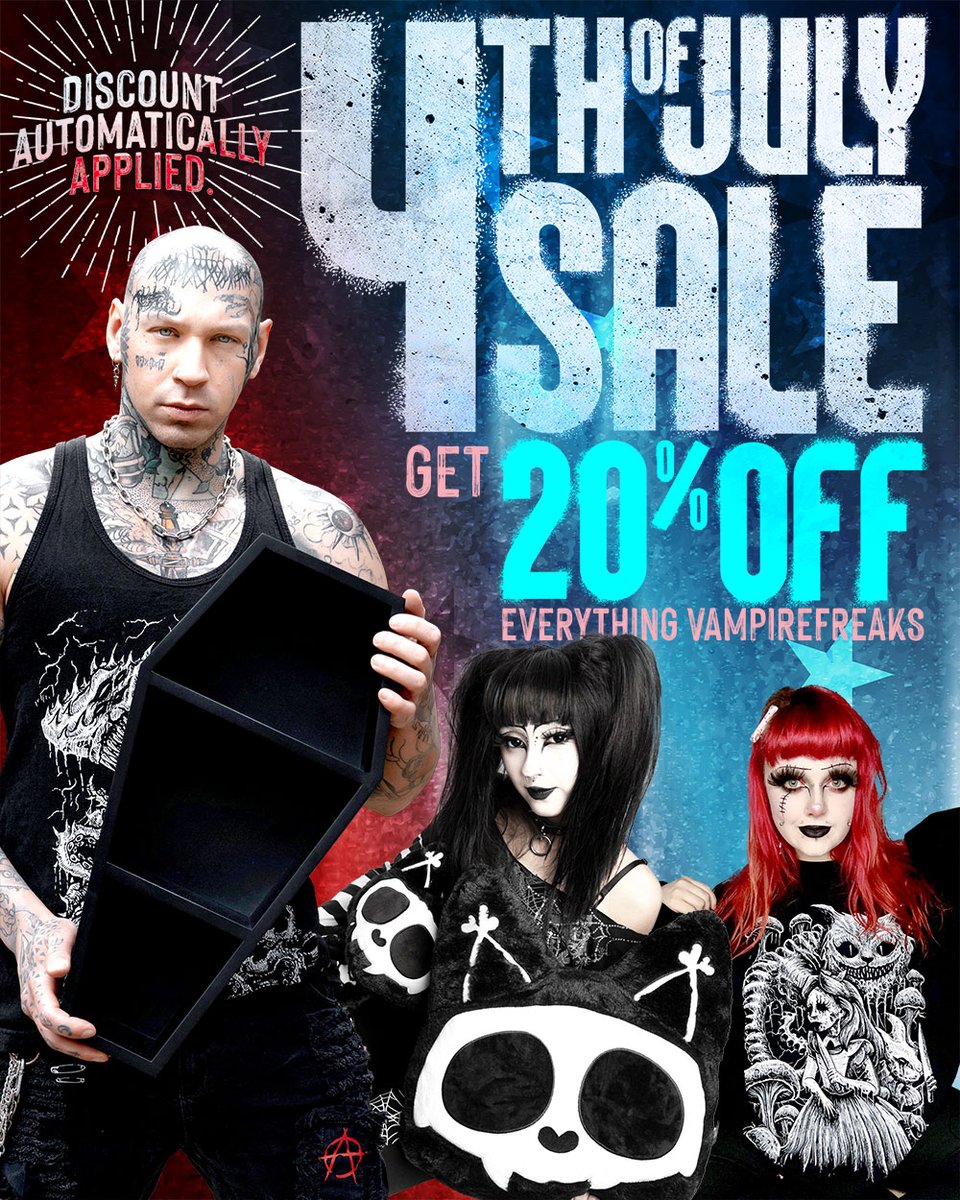 VampireFreaks's tweet photo. Get 20% OFF Everything VampireFreaks for July 4! No code needed—discount automatically applied.

This sale oh-so-sadly ends soon! 📷

Featuring our spooky faves @onelowsoul, @cybrslum, and @witheredsh0rty! https://t.co/LPMPcpT2fy