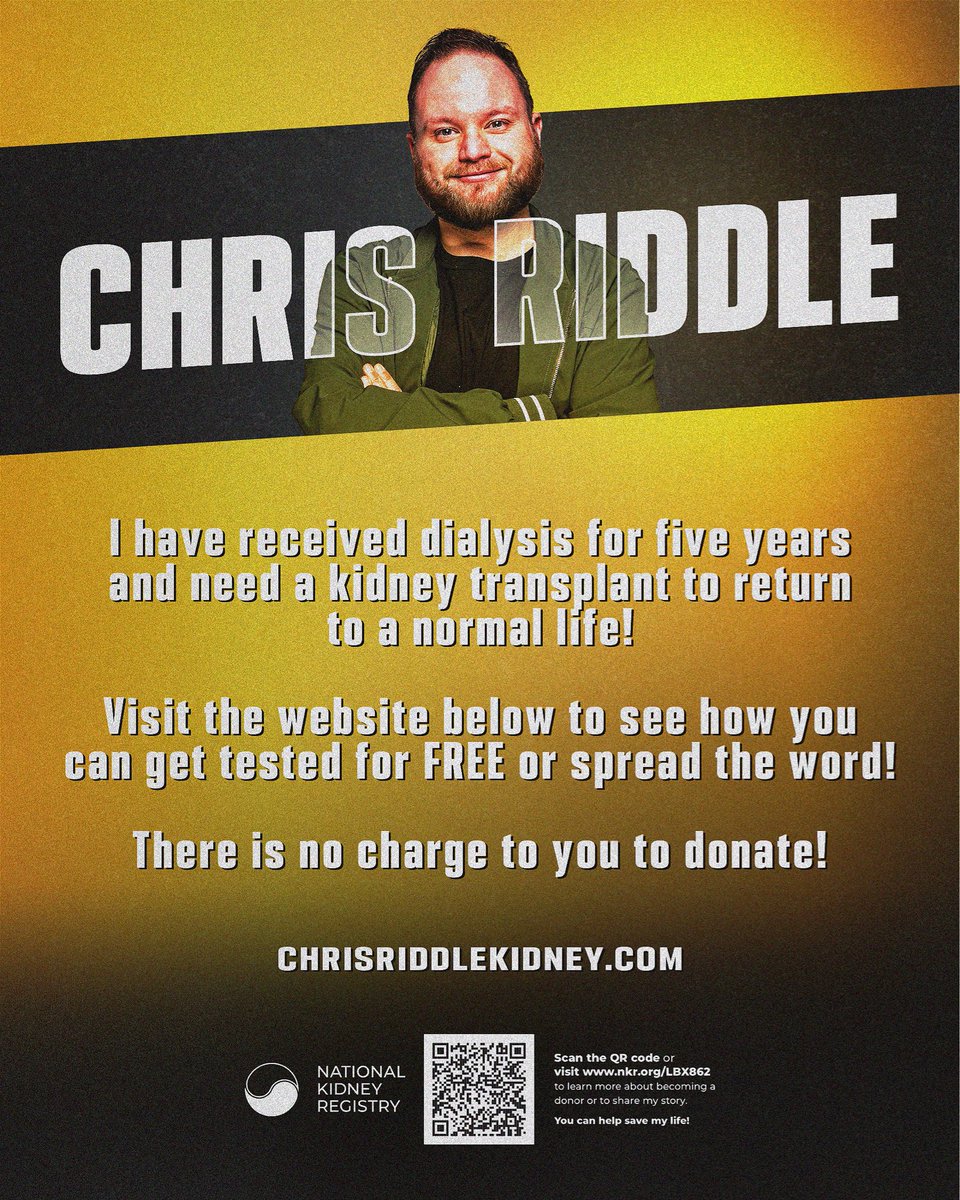 ChrisRiddle's tweet photo. Whether you know me from wrestling or another way you know I’ve suffered with kidney disease since I was 3.

You can be a living kidney donor, there’s no cost to you and many times work expenses are covered.

Visit https://t.co/PSsqyM5tHa for more info on how you can help. https://t.co/2hWOId6Ehf