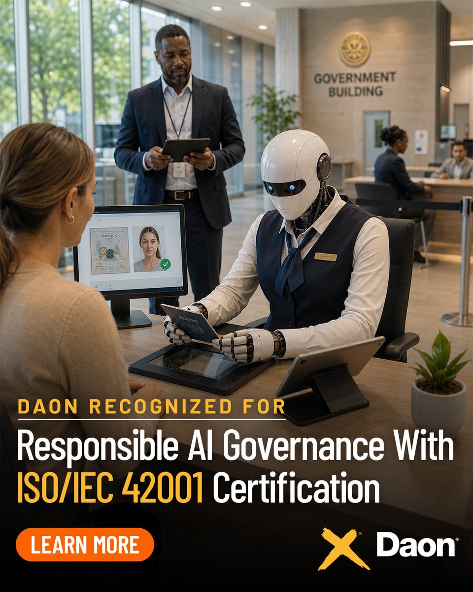 DaonInc's tweet photo. Daon has achieved ISO/IEC 42001 certification, reinforcing our commitment to responsible AI governance across identity verification and fraud prevention.
Read more: https://t.co/uZd1JZbTjj
#AI #ISO42001 #DigitalIdentity #FraudPrevention https://t.co/5WfhZYxKaP