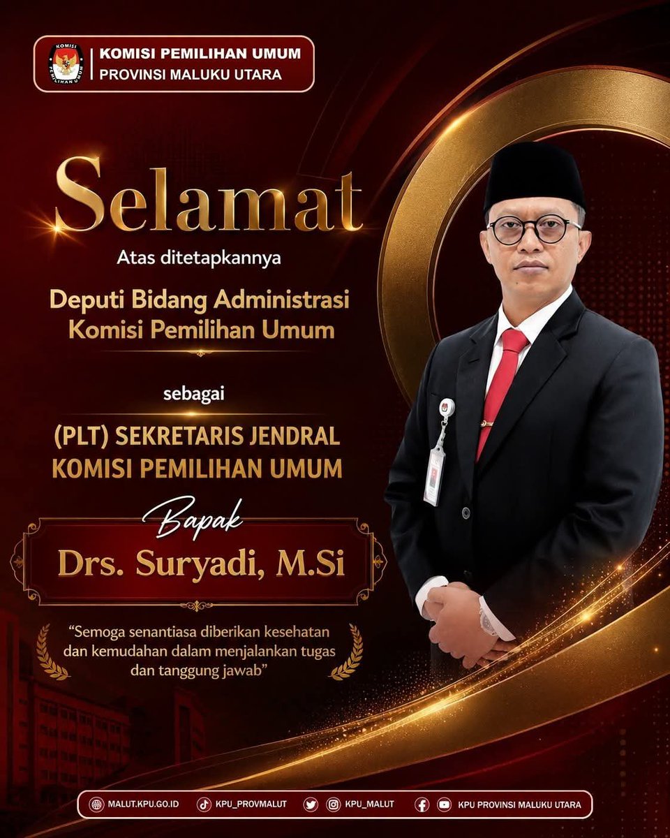 kpu_malut's tweet photo. #Temanpemilih, Segenap Pimpinan dan Jajaran staf KPU Provinsi Malut mengucapkan Selamat atas ditetapkannya Bapak Drs. Suryadi, https://t.co/WU92EOhb47 dari Deputi Bidang Administrasi KPU RI ke jabatan baru sebagai Pelaksana Tugas (PLT) Sekretaris Jenderal KPU RI
#KPUMelayani https://t.co/gok1l0tFvC