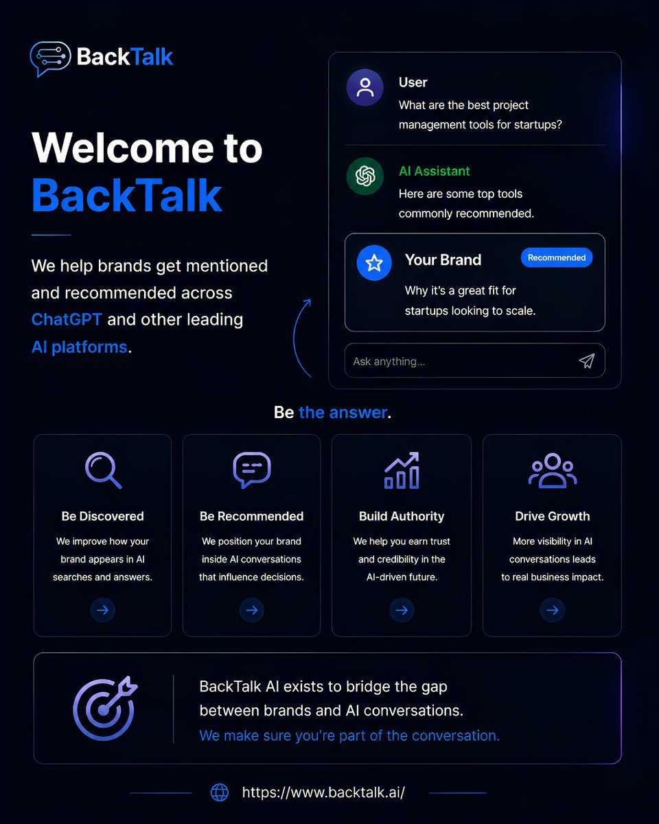 backtalkai's tweet photo. People aren't searching the way they used to, and brands that show up in AI answers are winning attention 💡

BackTalk helps brands get discovered, recommended, and trusted across AI platforms by improving how they appear in AI-generated answers.

#ai #marketing #branding #seo https://t.co/mQafNhq0AM