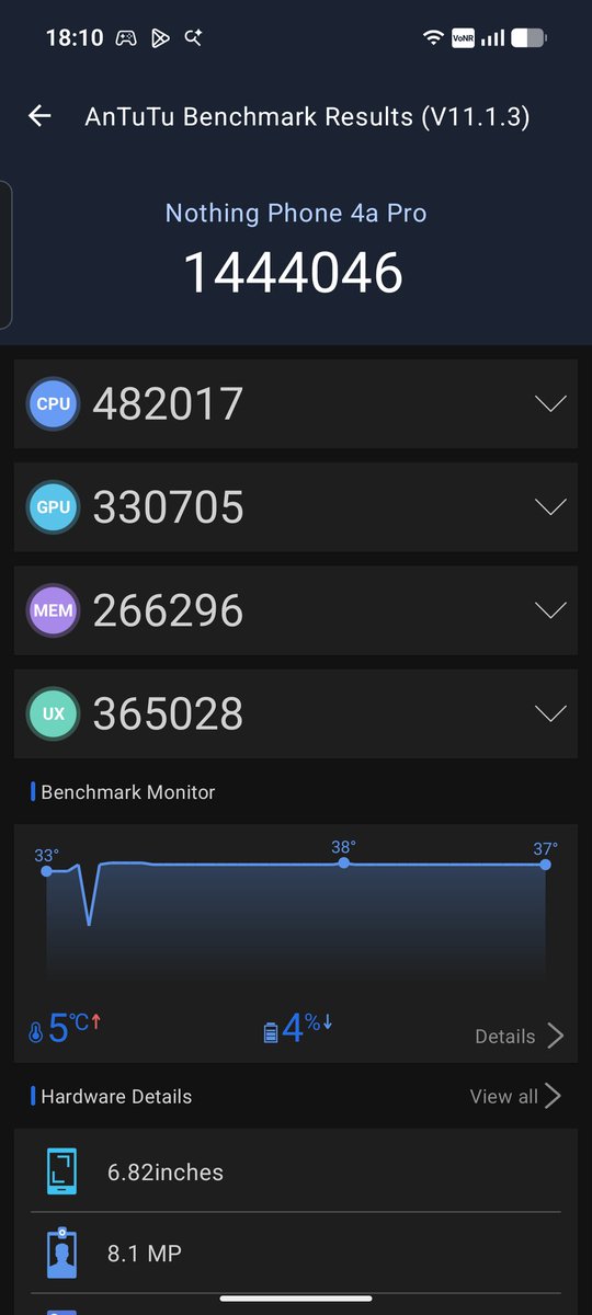 AmanDesign's tweet photo. 𝗣𝗲𝗿𝗳𝗼𝗺𝗮𝗻𝗰𝗲: Snapdragon 7 Gen 4 is the standout at this price tier, outclassing rivals like the Galaxy A56 running Exynos. With an impressive AnTuTu score of 1,444,046, it delivers flagship-like responsiveness for everyday use. Sustained gaming and heavy multitasking don't rattle it, and Call of Duty: Mobile runs smoothly at 50–60 FPS with High graphics and Max frame rate settings. The large battery easily lasts through the day, while 50W fast charging means you're back up and running quickly without constantly reaching for the charger.