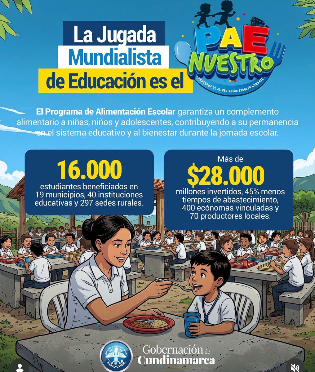 ICCUGOB's tweet photo. La Jugada Mundialista de @SecEducacionCundi es el PAE Nuestro. Más de 16.000 estudiantes de 19 municipios reciben alimentación escolar en un modelo que fortalece la permanencia educativa, vincula a productores locales y beneficia a instituciones y sedes rurales. #JugadasCundi https://t.co/Awkfz8qLXe
