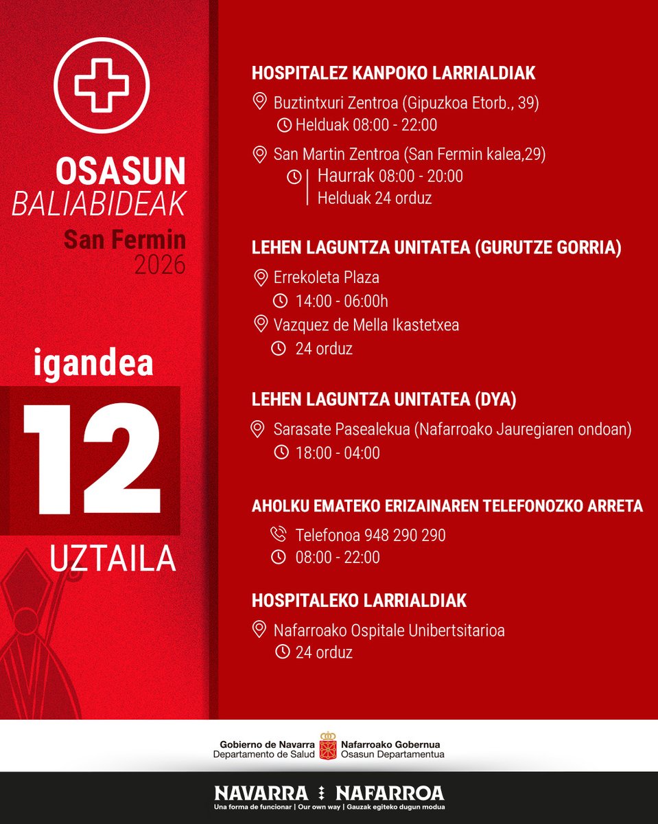 gob_na's tweet photo. 🔻 Estos son los recursos sanitarios disponibles hoy, 12 de julio

🔻 Hauek dira gaur, uztailak 12, erabilgarri dauden osasun baliabideak

🔻 These are the health resources available today, July 12

#Sanfermines2026 #sanferminak2026

@salud_na 
@DYANavarra 
@CruzRojaNavarra https://t.co/TlQKhDRrGr