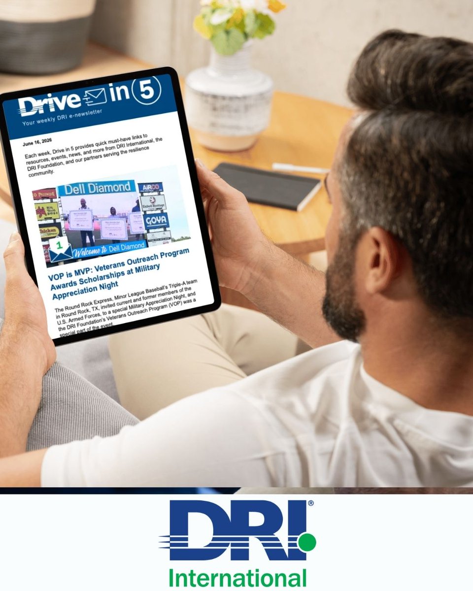 DRI_Intl's tweet photo. Drive in 5 provides quick, must-have links to resources, events, news, and more from DRI, the DRI Foundation, and our partners serving the resilience community. It is the easiest way to get essential industry updates.

Start receiving your updates here: https://t.co/tcJtXsbw9o https://t.co/ym2UGCnWy2