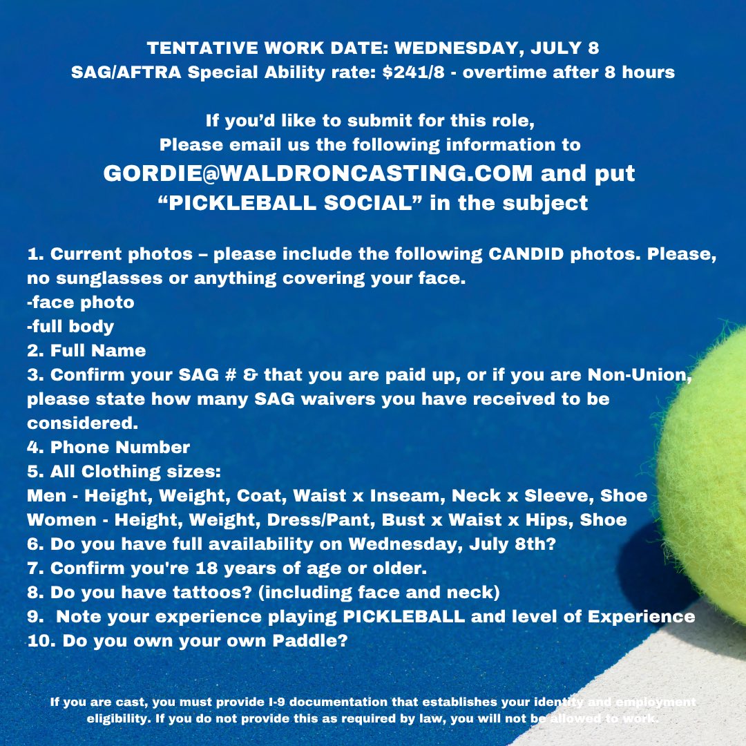 waldroncasting's tweet photo. We're seeking EXPERIENCED Pickleball Playerswho are comfortable playing on camera for PAID background work on the new TV series Gordie!
📍 Location: Manhattan, NY 🌸 Season: Spring Exteriors 📅 Filming Date: Wednesday, July 8
✅ Must have real pickleball experience https://t.co/AmgLpAy9cZ