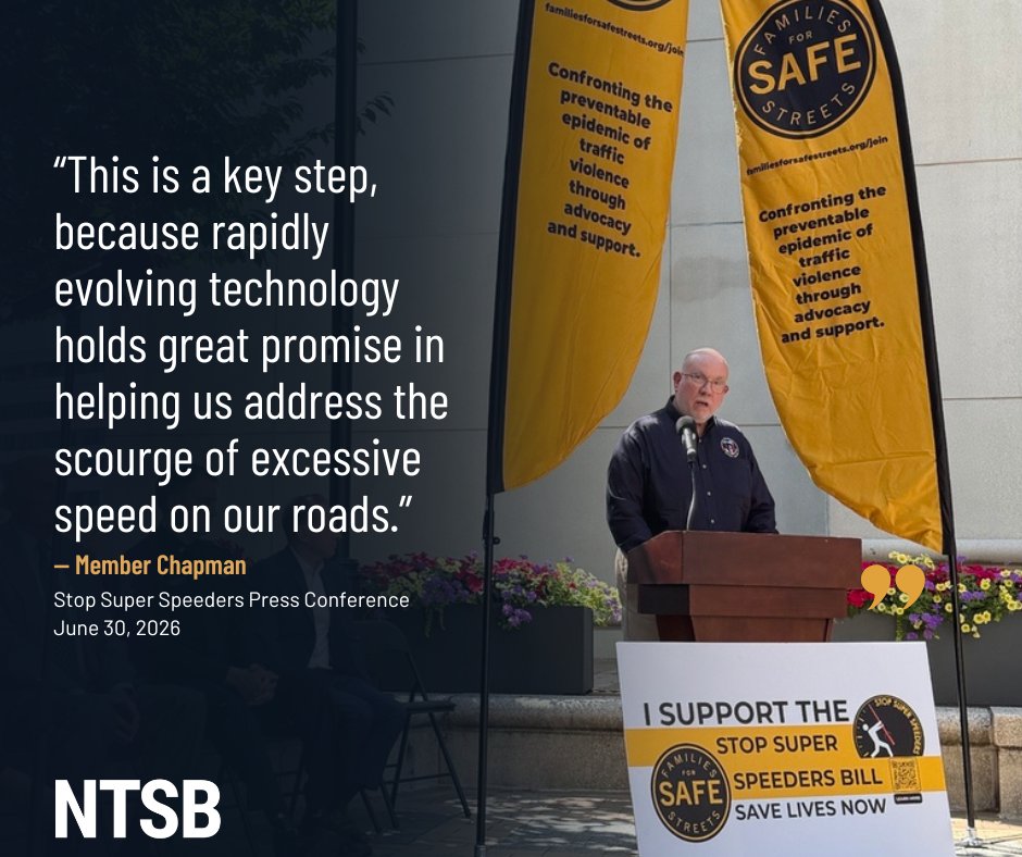 NTSB's tweet photo. Virginia has become the first state to implement a statewide "Stop Super Speeders" law. NTSB Board Member Tom Chapman spoke about how Intelligent Speed Assistance (ISA) technology and continued safety action can help reduce speeding-related crashes and save lives. https://t.co/l8fMMC5ZlW