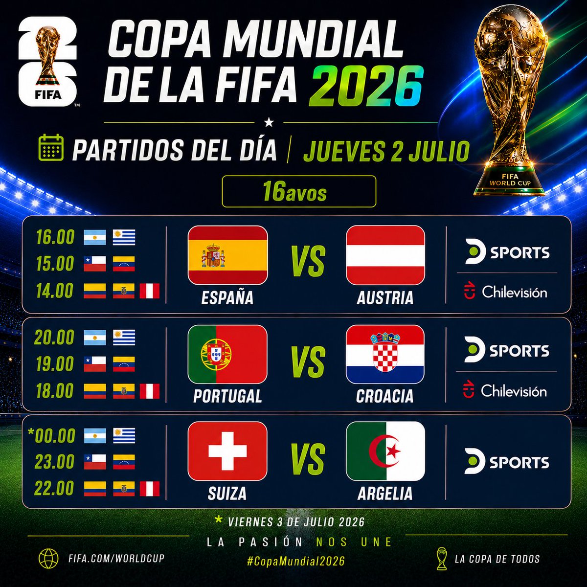 Laguadeportiva1's tweet photo. Copa Mundial de la FIFA 2026.
Partidos del Día | Jueves 2 Julio.
16avos de Final. https://t.co/o4ut7qtJgr
