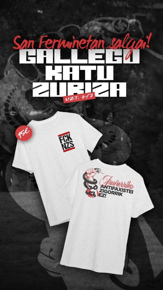 zigorrikez's tweet photo. 🔴⚪
Iruñerriko Antifaxistei Zigorrik Ez-en kamisetak salgai San Fermin hauetarako 15€-ren truke. Antifaxismoa eta elkartasuna antolatu dezagun. Eskuratu zurea! https://t.co/KIgDObmBJo