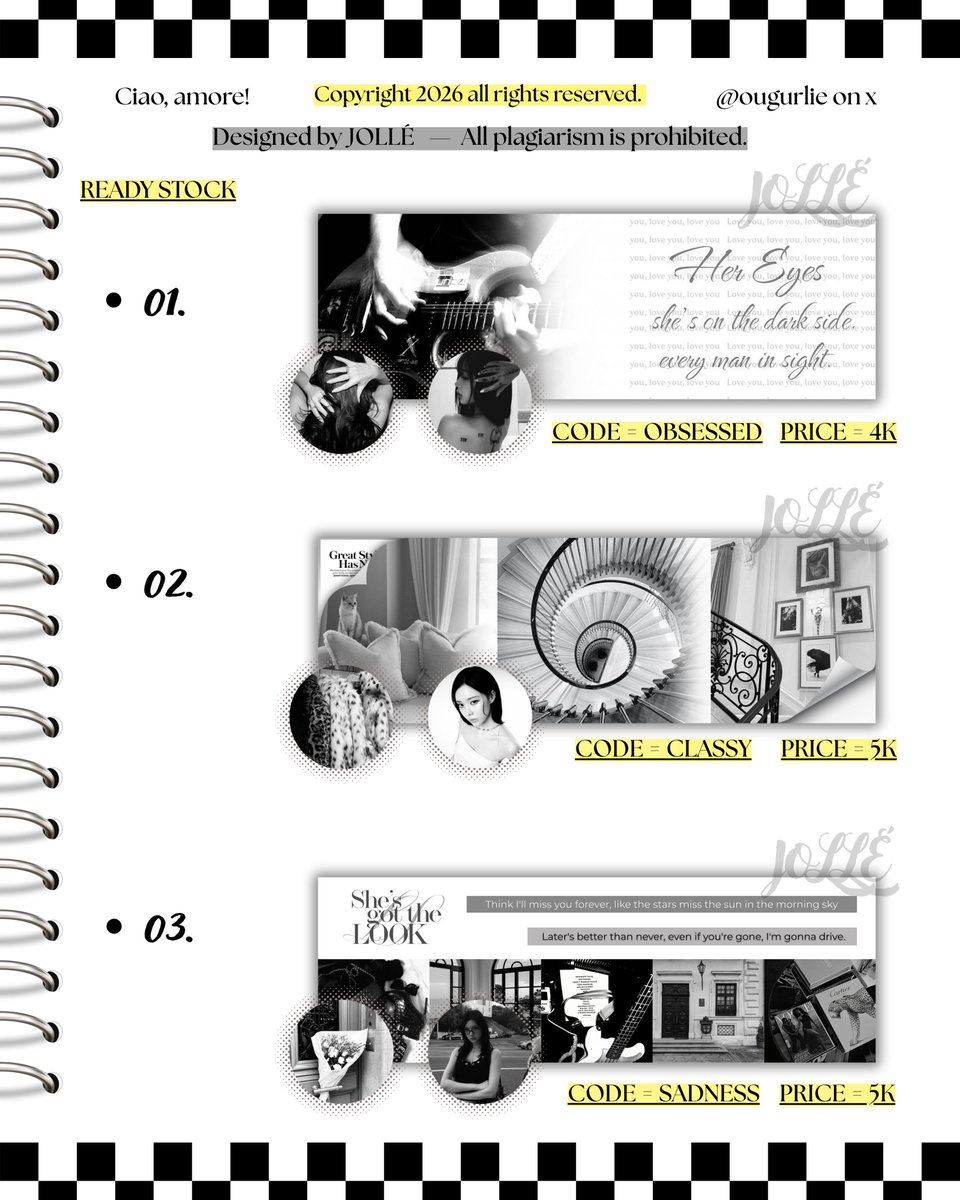 ougurlie's tweet photo. 𓏲ּ𝄢 Bonjour! help repost please? merci 🖤 #bealanja #zonauang

CLASSY ELEGANCE BnW — hi babe, Jolle’s here. Ready stock 6 layout [1 header 2 ava] free retext, free ganti muse ava. price &amp; code sudah tertera, if u want pls dm @ougurlie or @.berandaltimur on tele (@ after dm) 💭 https://t.co/Ncjafep77b
