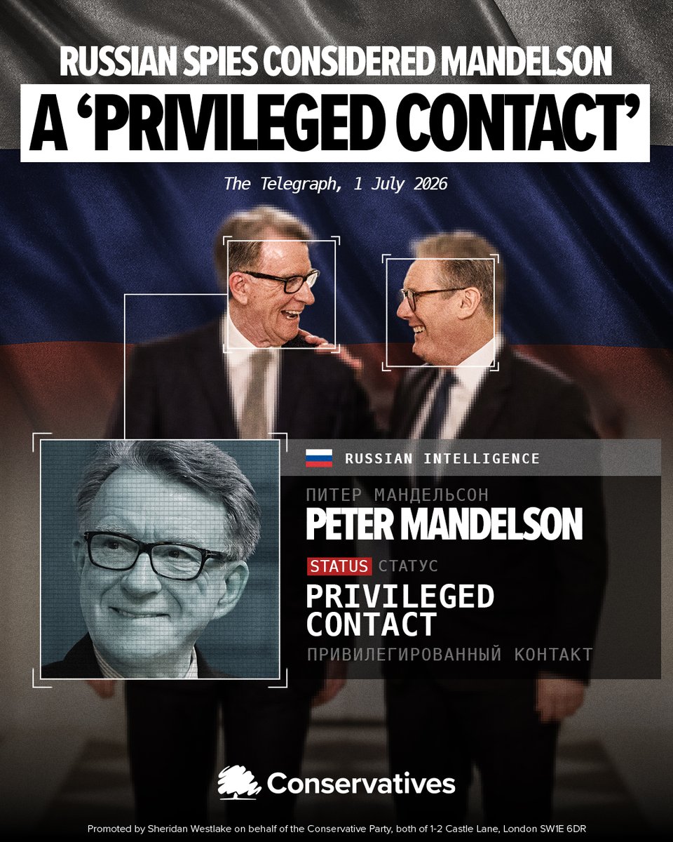 Conservatives's tweet photo. First he turned out to be “best pals” with notorious paedophile Jeffrey Epstein. 
 
Now we find out he might be linked to Russian intelligence.

Why on earth did Labour ever appoint Peter Mandelson to the heart of government? https://t.co/4zJnneQTo2