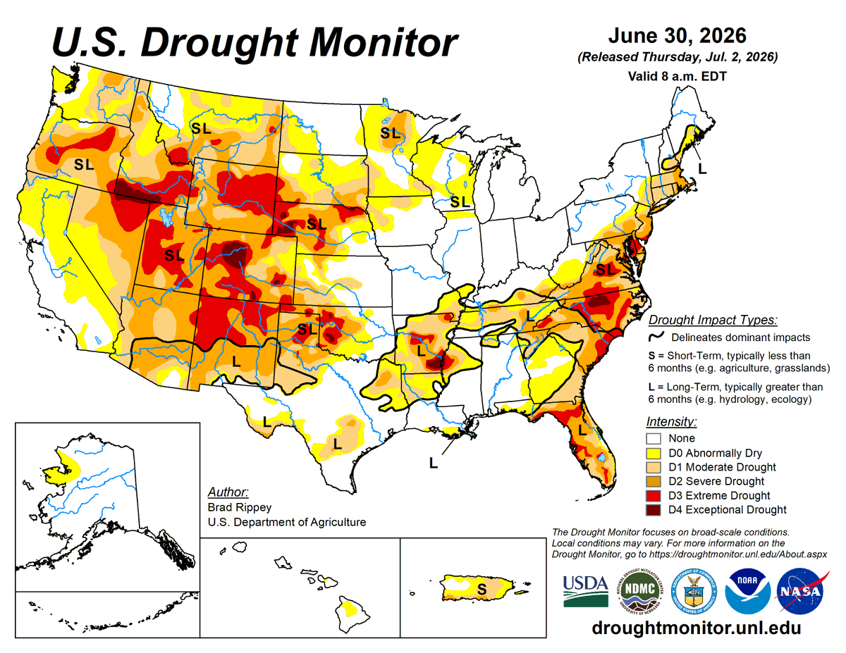 TraderPhD's tweet photo. This week’s U.S. Drought Monitor shows slight improvement in the South and High Plains from the previous week, while modest degradation hit the Southwest. 
•Corn: 19% in drought, improving 3% WoW
•Soybeans: 19% in drought, improving 3% WoW https://t.co/swwM6Om9Tq