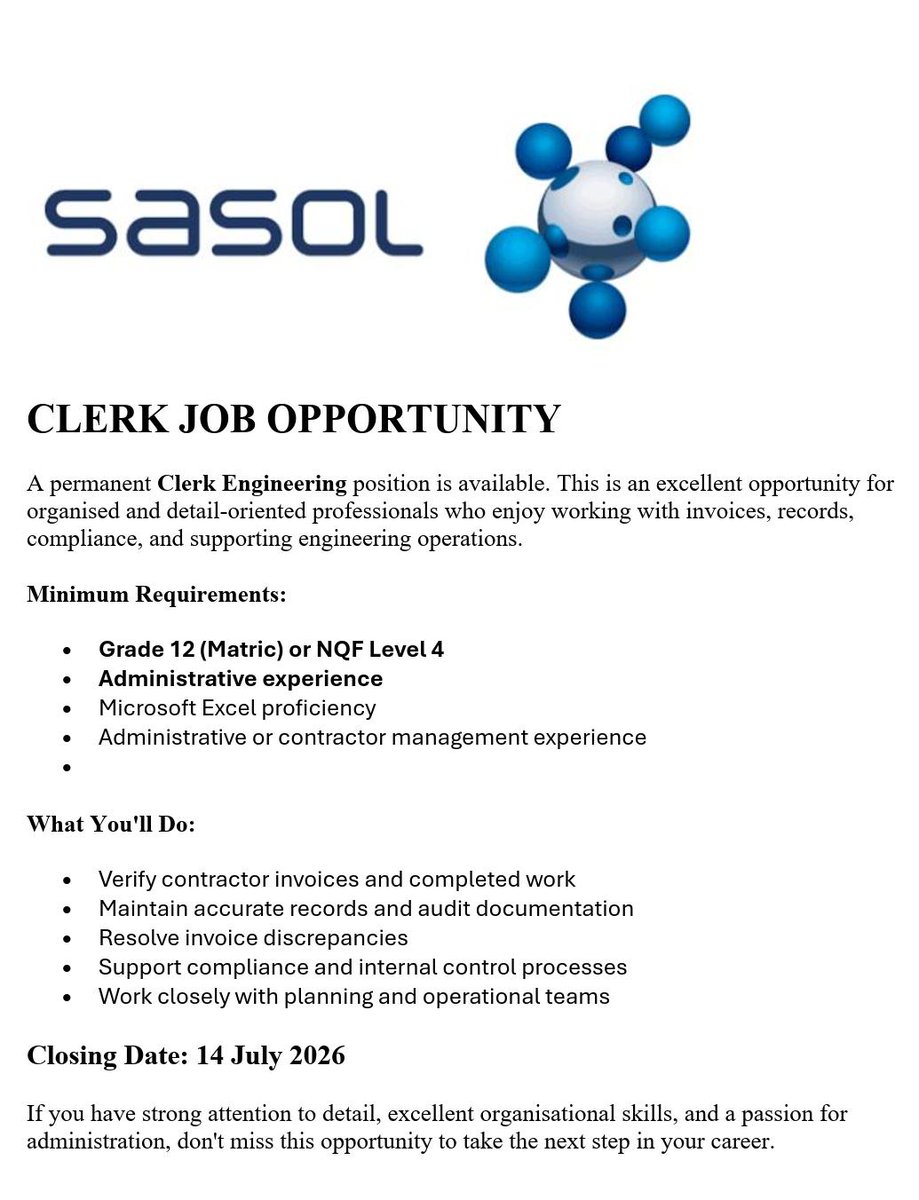 tumelo_br's tweet photo. 📌 Sasol is hiring!

✅Clerk

Job Type: Permanent 

Est Salary: R10,000–R18,000 p/m

Minimum Requirements:
✒️Grade 12/ Matric only!
✒️ Admin Experience and computer skills

Closing Date: 
14 July 2026

Apply:
https://t.co/KpXxnJhPFG https://t.co/jHQmIywBkw