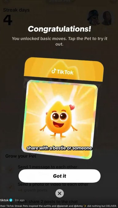 Dev1798's tweet photo. new tiktok streak pets???

https://t.co/Xoc1K6O1Uc https://t.co/9nxvPjVXju
