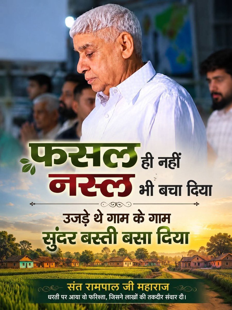SunilDh68552279's tweet photo. फसल ही नहीं नस्ल भी बचा दिया
उजड़े थे गाम के गाम सुंदर बस्ती बसा दिया
संत रामपाल जी महाराज धरती पर आया वो फरिश्ता, जिसने लाखों की तकदीर संवार दी।
Visit Sant Rampal Ji Maharaj Youtube Chennel 🙏❣️🙏
#Samsung https://t.co/RANs6pRhcC