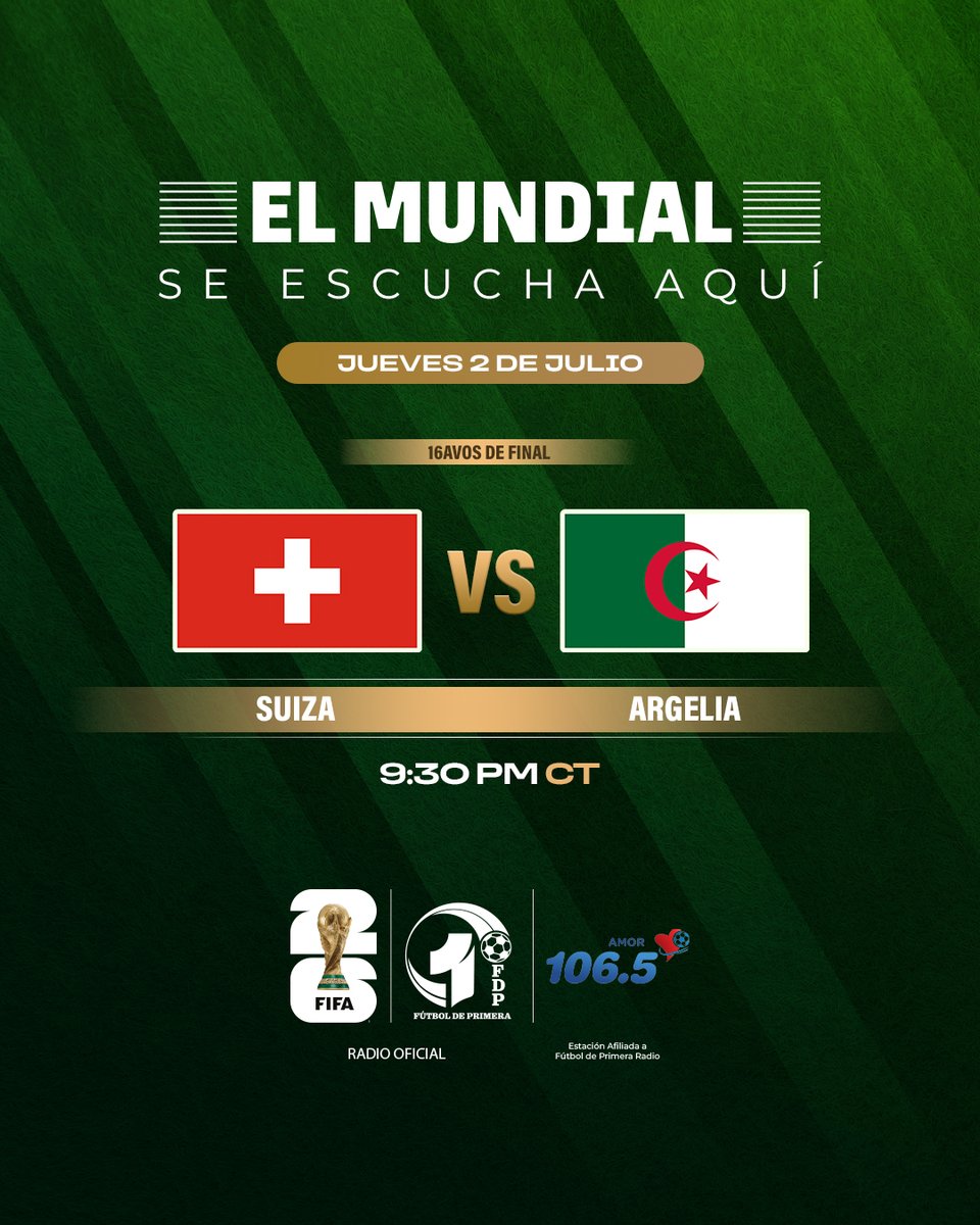 1065amor's tweet photo. Houston, hoy el fútbol se sigue desde tu radio ⚽📻

Suiza vs. Argelia se escucha por Amor 106.5 FM, desde las 9:30 p.m.

Disfruta la Copa Mundial de la FIFA 2026 con Fútbol de Primera ⚽🌎

No disponible por streaming 📱

#Mundial2026 https://t.co/6F0MGNZrpe