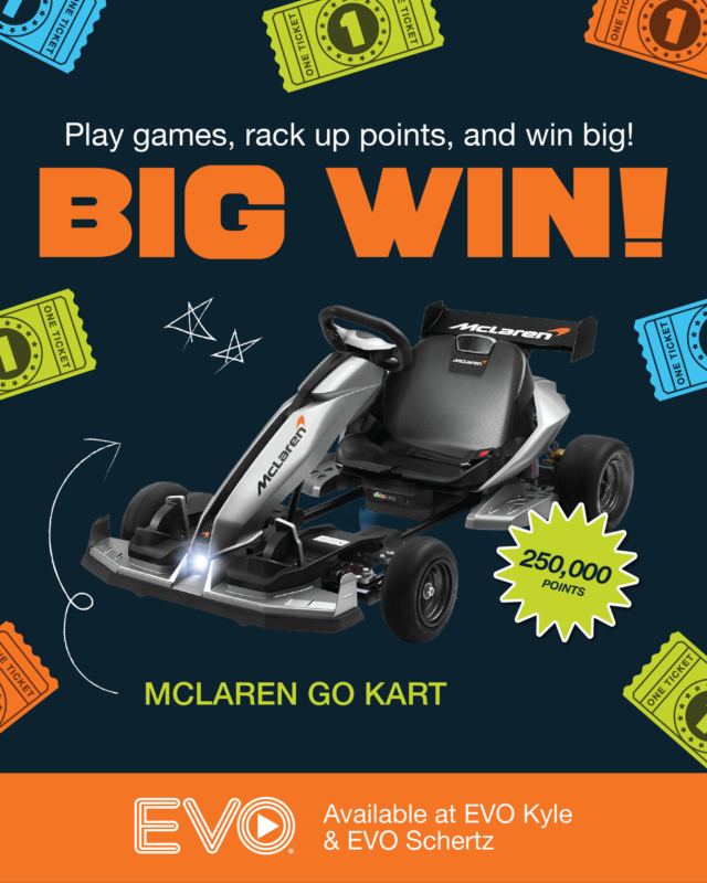 evocinemas's tweet photo. 🚨 NEW PRIZE ALERT! 🚨
ㅤ
We have a shiny Mclaren Go Kart ready to be won at EVO Kyle and Schertz. Only one available per location. 
ㅤ
Check us out every week on Half Price Wednesday or Double Point Thursday for the best arcade deals. https://t.co/KKq94SyNYm