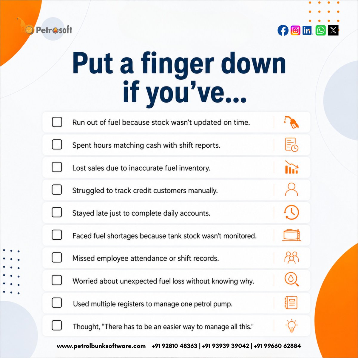 petrosoftymts's tweet photo. ๐๏ธ Put a finger down for every petrol pump challenge you've faced. How many are left?
๐ https://t.co/CaFLznlQVx
๐ฒ +91 92810 48363
#PetrolPumpSoftware #FuelMonitoringSoftware #FuelTrackingSoftware #PumpManagementSystem #BestPetrolPumpSoftware https://t.co/XizJsk9CgS