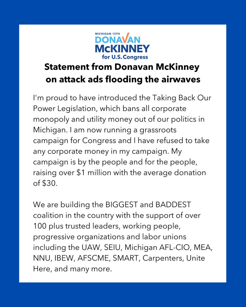 DonavanMI13's tweet photo. Good morning everyone &amp; Happy Friday Eve 😄
Here's our statement on the flood of attack ads from Shri.
We'll put our record up against his anytime and let the voters decide. Man up &amp; come meet me on debate stage 📣

#DebateDonavan
#ShadyShri
#WeDeserveBetter
#AlwaysWithThePeople https://t.co/1q0fUrY0gC