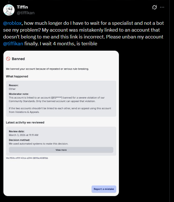 tiffikan's tweet photo. 🚨⚠️@Roblox  Unban affected by the EF bans, these bans are Ai Mistake 🚨

Since 2025, many players have been receiving erroneous bans for linking to accounts they don't own, people can't appeal this unfair decision, Roblox you have a system failure #Roblox #RobloxDev @Roblox_RTC https://t.co/4iWLWpBESZ