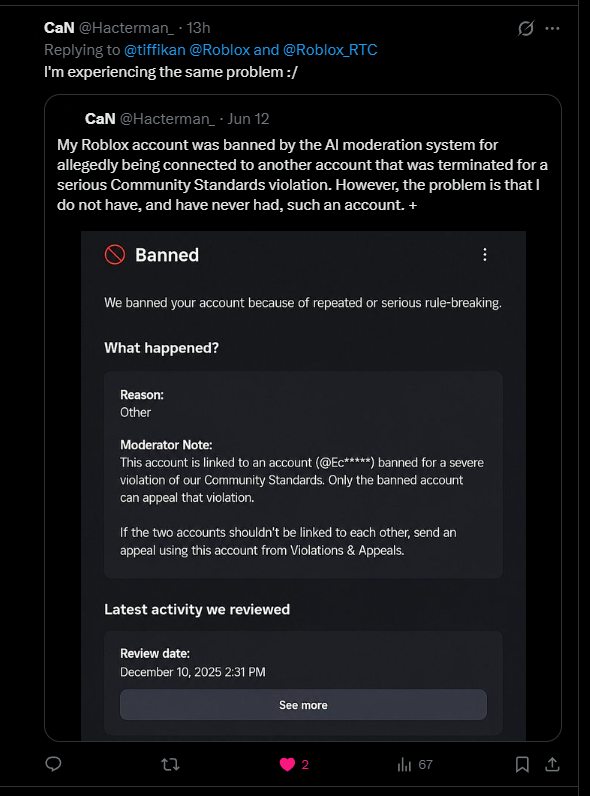 tiffikan's tweet photo. 🚨⚠️@Roblox  Unban affected by the EF bans, these bans are Ai Mistake 🚨

Since 2025, many players have been receiving erroneous bans for linking to accounts they don't own, people can't appeal this unfair decision, Roblox you have a system failure #Roblox #RobloxDev @Roblox_RTC https://t.co/4iWLWpBESZ