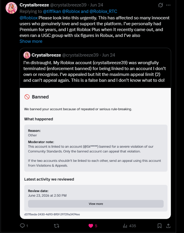 tiffikan's tweet photo. 🚨⚠️@Roblox  Unban affected by the EF bans, these bans are Ai Mistake 🚨

Since 2025, many players have been receiving erroneous bans for linking to accounts they don't own, people can't appeal this unfair decision, Roblox you have a system failure #Roblox #RobloxDev @Roblox_RTC https://t.co/4iWLWpBESZ