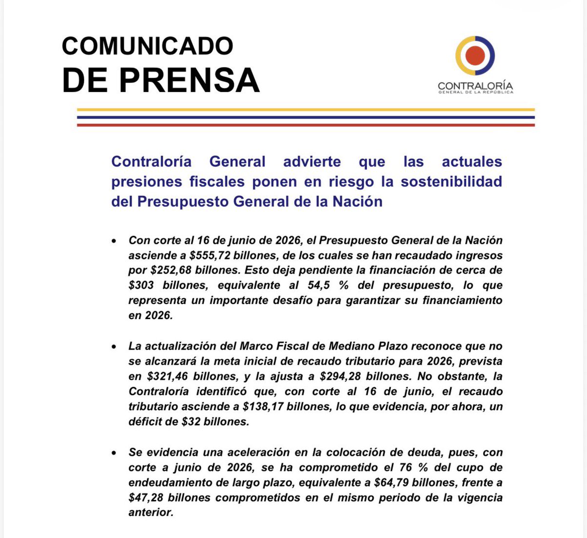 CGR_Colombia's tweet photo. 🚨Advertimos que las actuales presiones fiscales ponen en riesgo la sostenibilidad del Presupuesto General de la Nación y de las finanzas públicas. 

📌Nuestro análisis del Marco Fiscal de Mediano Plazo 2026 evidencia un escenario más exigente para las cuentas del Gobierno Nacional y para preservar la estabilidad macroeconómica.