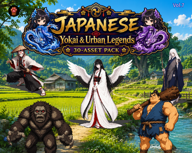 MaterialPixel's tweet photo. CP41 is now available!
A 30-character Japanese folklore asset pack inspired by regional legends, ghost stories, old village tales, and strange traditions from across Japan.

Crane Wife, Tongue-Cut Sparrow, White Hare of Inaba, Yaobikuni, Chikara Taro, Hibagon, Enma, and more are included as transparent PNG sprites.

Great for JRPGs, indie game development, shrine scenes, folklore fantasy, Japanese horror, regional quests, videos, and thumbnails. Use them as enemies, bosses, mysterious NPCs, wandering storytellers, or memorable local encounters.

Details in the reply 👇
#gamedev #JRPG #gameassets