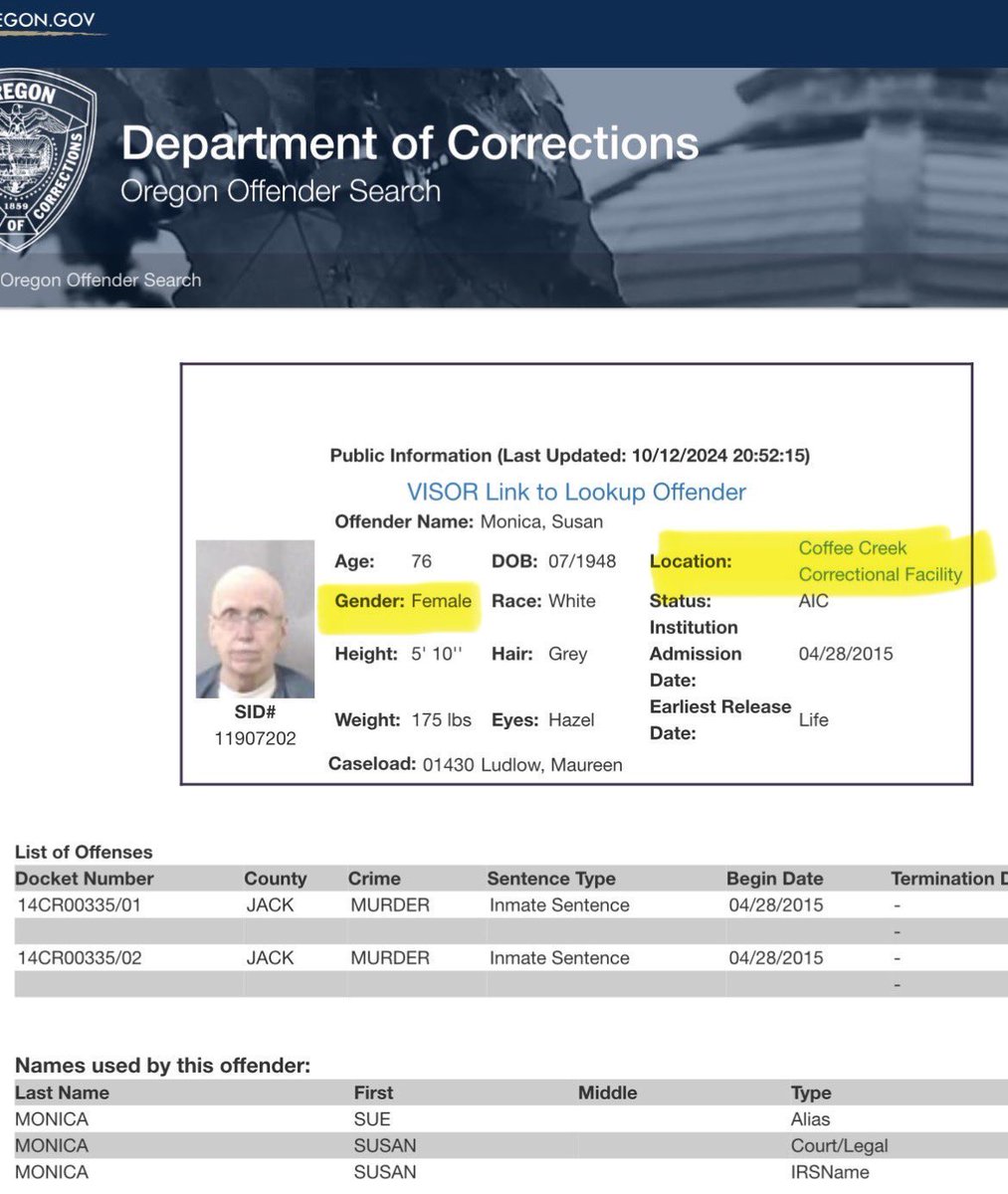 oregonducksmama's tweet photo. ‼️Will this man who killed someone be housed with the women at Coffee Creek Prison in Oregon because the article is saying he “transitioned”?!

There are 3 other men that have killed people that are housed at Coffee Creek that are now listed as “female”… 

This is not okay. 😤😒 https://t.co/qwNqRsaVad
