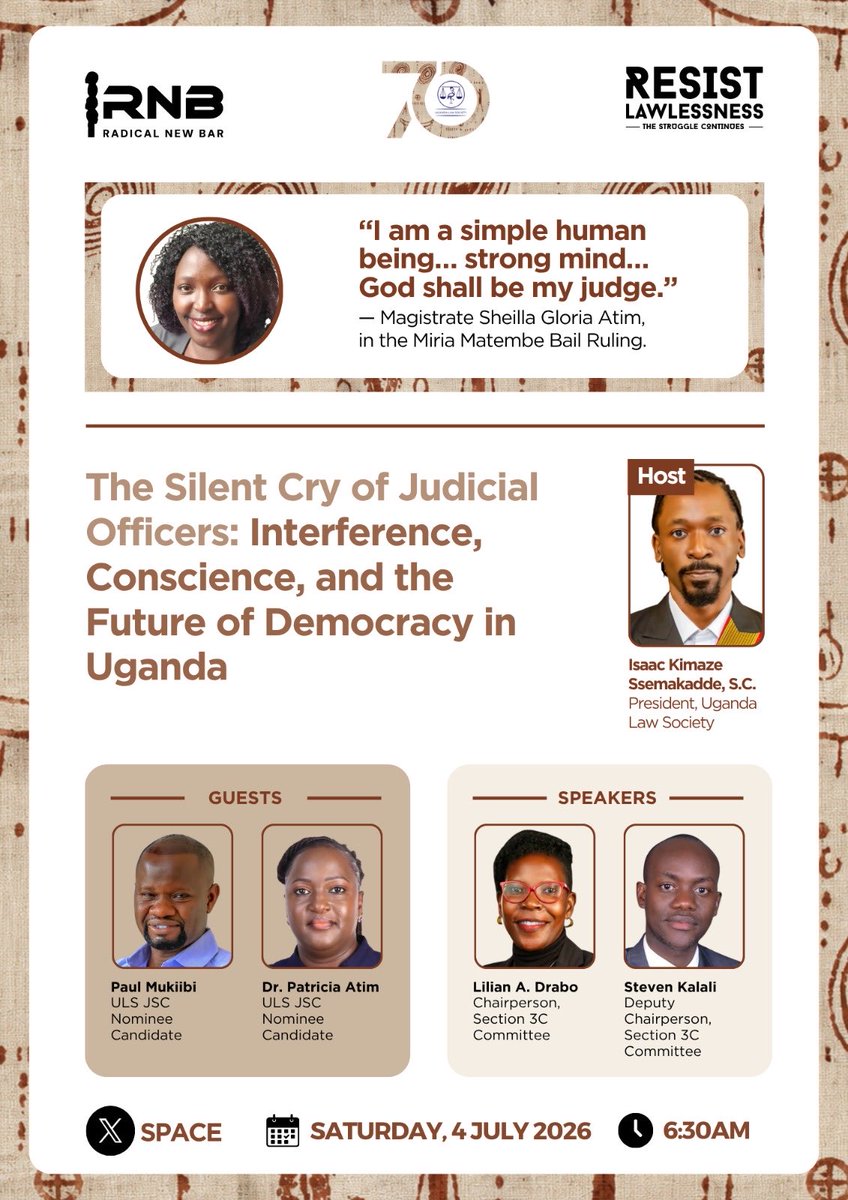 IsaacSsemakadde's tweet photo. REBELS: In yesterday’s Miria Matembe bail ruling, Magistrate Sheilla Gloria Atim used obiter remarks titled “Politics” to signal deeper institutional and personal pressures on @JudiciaryUG staff. 

Join us on SAT, 4 July at 6AM, to decode the message she risked her bench to send. https://t.co/TpcWVpKFbA