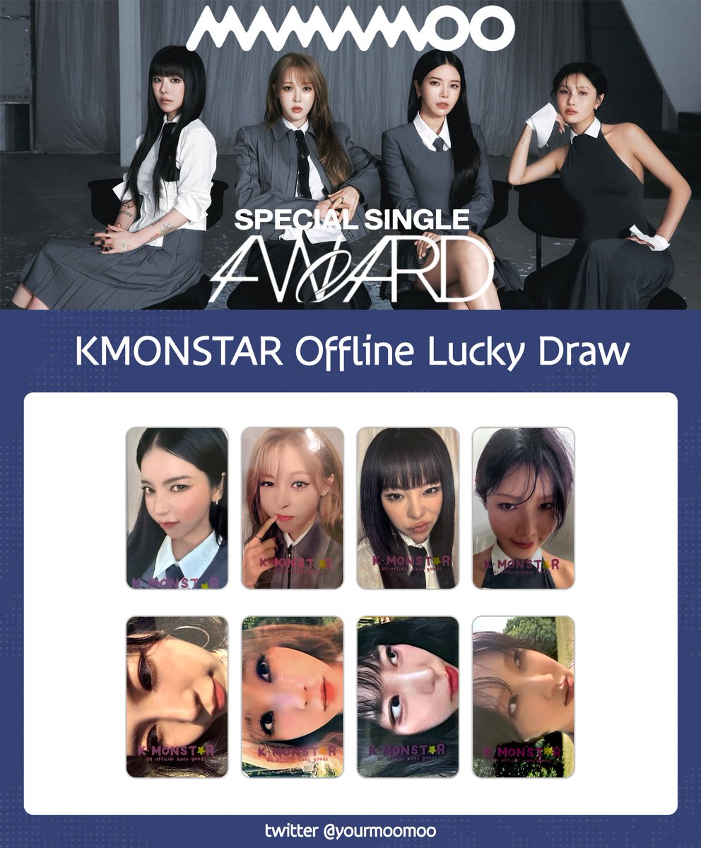 yourmoomoo's tweet photo. [MAMAMOO] Special Single – 4WARD KMONSTAR Offline Lucky Draw

HD: https://t.co/3waH07IypD

#mamamoo #solar #moonbyul #wheein #hwasa photocard list template
#마마무 #솔라 #문별 #휘인 #화사 럭키 드로우 럭드 특전 포토카드 포카 리스트 https://t.co/db1lI17Bke