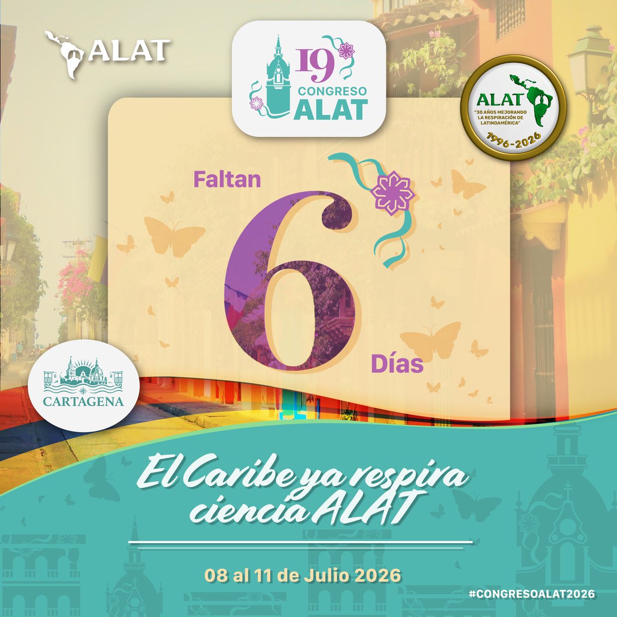 ALATorax's tweet photo. Faltan 6 días para que el Caribe respire ciencia respiratoria en el 19° Congreso ALAT. Cartagena nos espera 🌴🫁

—

6 days to go until the Caribbean breathes respiratory science at the 19th ALAT Congress. Cartagena awaits 🌴🫁

#CongresoALAT2026 https://t.co/3lT7pSnkg3