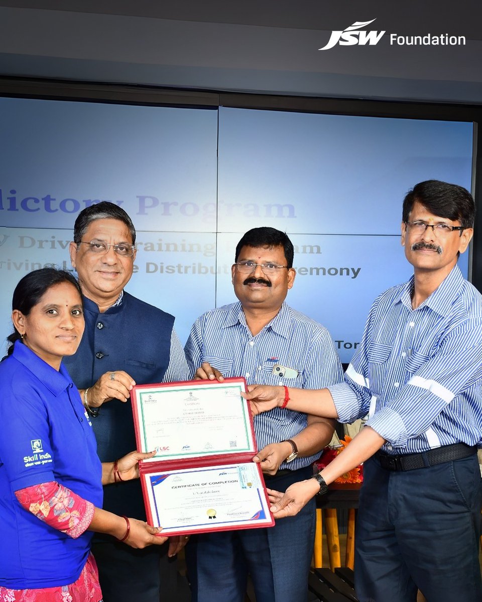 JSWFoundation's tweet photo. Empowering communities through skill development and sustainable livelihoods.

#SkillPowerUp, supported by JSW Foundation, marked a significant milestone as participants of the LMV-HMV driver training programme in Vijayanagar successfully completed their training, earning driving licenses and certifications affiliated with the Logistics Sector Skill Council.

Among the trainees who completed the programme were 32 women from the local community, now equipped to pursue careers as skilled chauffeurs, paving the way for greater economic independence and inclusion.

The programme completion ceremony was graced by Mr. Sunil Ralph, Senior Vice President, JSW; Mr. Ravikanth Yamurthy, CEO, Logistics Sector Skill Council; and Mr. Peddanna Beedala, Zonal Head – South India, JSW Foundation. The occasion also featured the flag-off of five EV commercial vehicles, creating new opportunities for entrepreneurship and sustainable employment.

Together, we are building pathways to dignity, mobility, and resilient livelihoods through skills that power a #BetterEveryday.

#JSWFoundation
