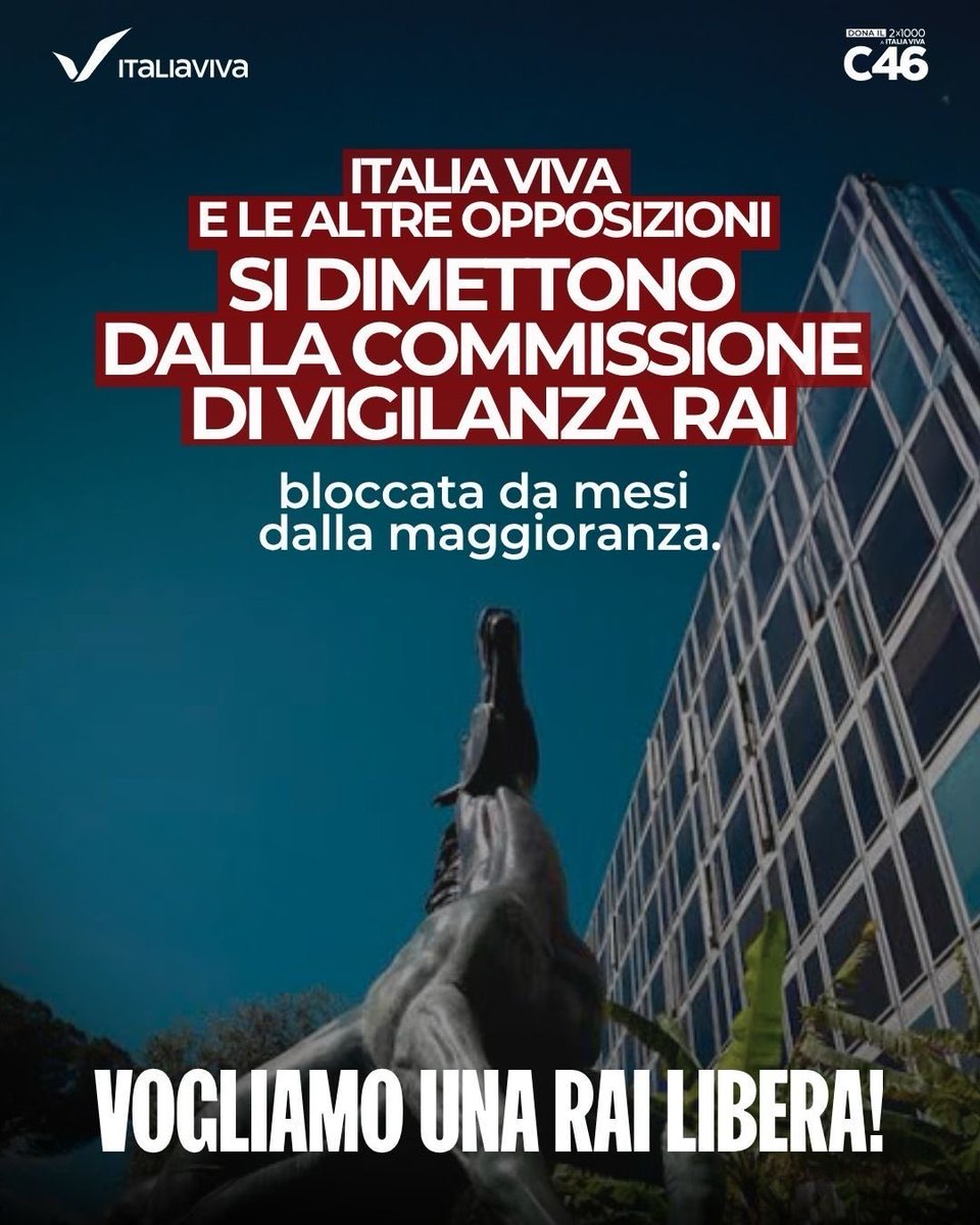 ItaliaViva's tweet photo. Come Italia Viva rassegniamo le dimissioni, insieme alle altre opposizioni, dalla Commissione parlamentare di Vigilanza Rai bloccata dalla maggioranza. Chiediamo di restituire ai cittadini una Rai libera, autonoma e realmente pluralista.
La Commissione di Vigilanza e la Rai meritano rispetto e l’atteggiamento della maggioranza è inqualificabile!

@meb 
@FurlanAnnamaria 
@DafneMusolino