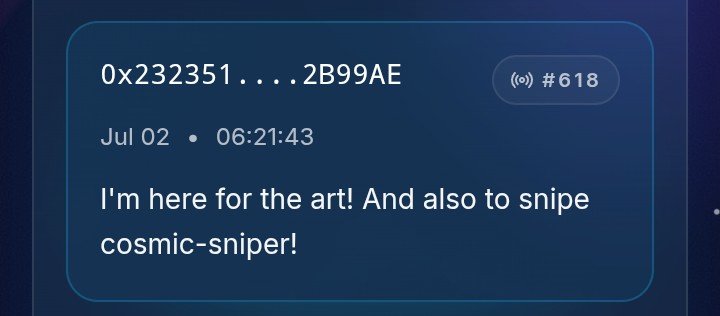 Emijex's tweet photo. Not everyone is playing @CosmicSignature for the same reason. 

Some are chasing the final ETH prize.

Some are building their CST stack.

And some have their eyes on something completely different...

The NFTs. 🎨✨

A unique form off art valued by those who understand true art 

From the  Gesture Chat it says it all.

That's what makes Cosmic Signature unique.

Every player brings a different goal, a different strategy, and a different reason to stay in the game.

Whether you're here for the rewards, the competition, or to collect unique pieces of Cosmic Signature history, there's a place for your playstyle.

What's your reason for playing?

https://t.co/wRj03mIn7c