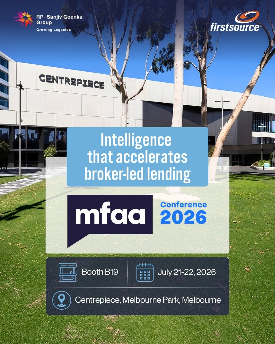 firstsource's tweet photo. If you're attending the MFAA National Conference 2026, visit the Firstsource team at Booth B19, at Centrepiece, Melbourne Park, and let's talk about what it takes to transform lending operations with confidence.

#IntelligenceThatOperates #Kairos #MFAAConference https://t.co/cFw20RjAxu