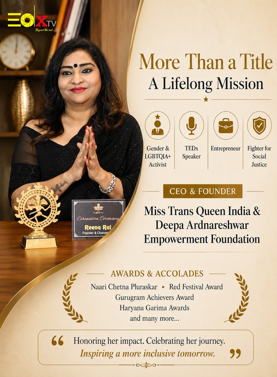 edxtv_byrb's tweet photo. Reena Rai - Founder &amp; CEO, Miss Trans Queen India

Reena Rai founded Miss Trans Queen India to create a platform of dignity, respect, and empowerment for the transgender community.

🎥 Watch the candid conversation here: https://t.co/0x3pMkQQ0h https://t.co/i5t1ICfXEI