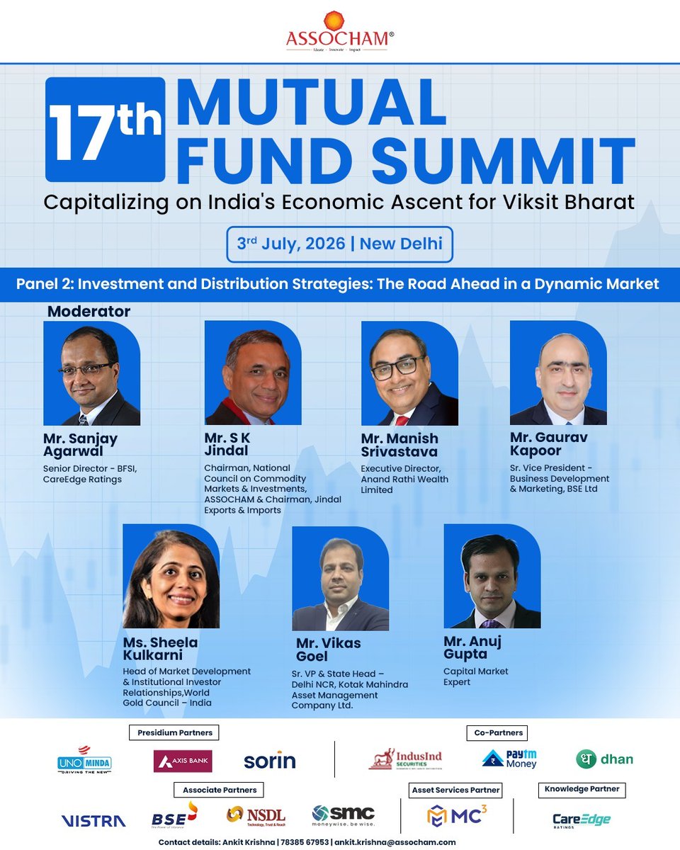 ASSOCHAM4India's tweet photo. India’s mutual fund industry is entering a decisive phase, shaped by rising investor participation, wider distribution networks, and a market that continues to evolve in both scale and complexity.

At the 17th Mutual Fund Summit, Panel 2: Investment and Distribution Strategies: The Road Ahead in a Dynamic Market will bring together industry leaders to discuss how investment strategies, market access, investor engagement, and distribution models can support India’s financial growth journey.

📅 3 July 2026
📍 New Delhi

Register now: https://t.co/Kc1q2VJBqo

For details, contact:
Ankit Krishna | 78385 67953 | ankit.krishna@assocham.com

#ASSOCHAM #MutualFundSummit #CapitalMarkets #MutualFunds #InvestmentStrategies #DigitalFinance #FinancialMarkets #InvestorEducation #ViksitBharat

@FinMinIndia @CareEdge_Group @ARWealth @gaurkapo @GOLDCOUNCIL @KotakBankLtd @Unomindacom @AxisBank @indusindmoney @PaytmMoney @DhanHQ @VistraGroup @BSEIndia @NSDL_Depository @smcglobal @CareEdge_Group @DSRajora1