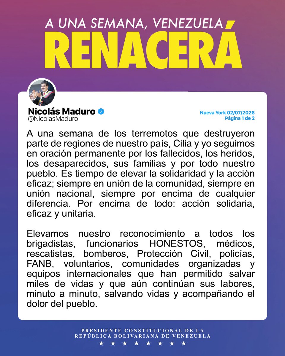 nicmaduroguerra's tweet photo. Es tiempo de elevar la solidaridad y la acción eficaz, siempre en unión de la comunidad y en unión nacional por encima de las diferencias. Nuestras oraciones hoy más que nunca por nuestro pueblo.

Nuestro reconocimiento a los brigadistas, funcionarios honestos, médicos, rescatistas, bomberos, Protección Civil, Policías, FANB, voluntarios, comunidades organizadas y equipos internacionales. ¡Gracias!

¡Nuestro abrazo a todos y todas! ¡Venezuela Renacerá!