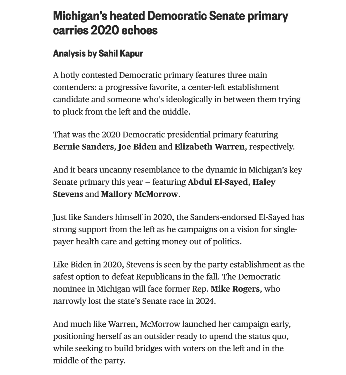 sahilkapur's tweet photo. I wrote about the uncanny parallels between Michigan's Senate primary and 2020 dynamic. Stevens (role of Biden) vs El-Sayed (Sanders) McMorrow (Warren). It continues today with a late AOC endorsement of the lefty candidate.

Does this one end differently?

https://t.co/CP5iYi9gSX https://t.co/gQfBENKTaq
