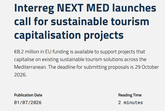 AlphaVenturesTR's tweet photo. Avrupa Birliği Başkanlığı’nın Ulusal Otoritesi olduğu Interreg #NEXTMED Programme Programı kapsamında Sürdürülebilir turizm alanında başarılı Interreg proje çıktılarının yeniden kullanılması, uyarlanması, çoğalması ve ölçeklendirilmesini destekleyecek çağrı başvuruları başladı. https://t.co/RD8pwfmupO