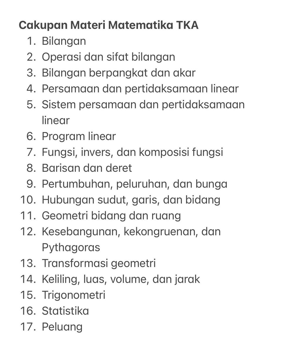 MAUNGAJARIN's tweet photo. 4. Kisi-kisi Ujian TKA📖

Karena bakal panjang banget kalau aku ketik satu-satu di X, teman-teman bisa akses kisi-kisinya di gambar ini ya!

Ini untuk yang Mata Pelajaran Wajib: https://t.co/qzLbOhjB5i