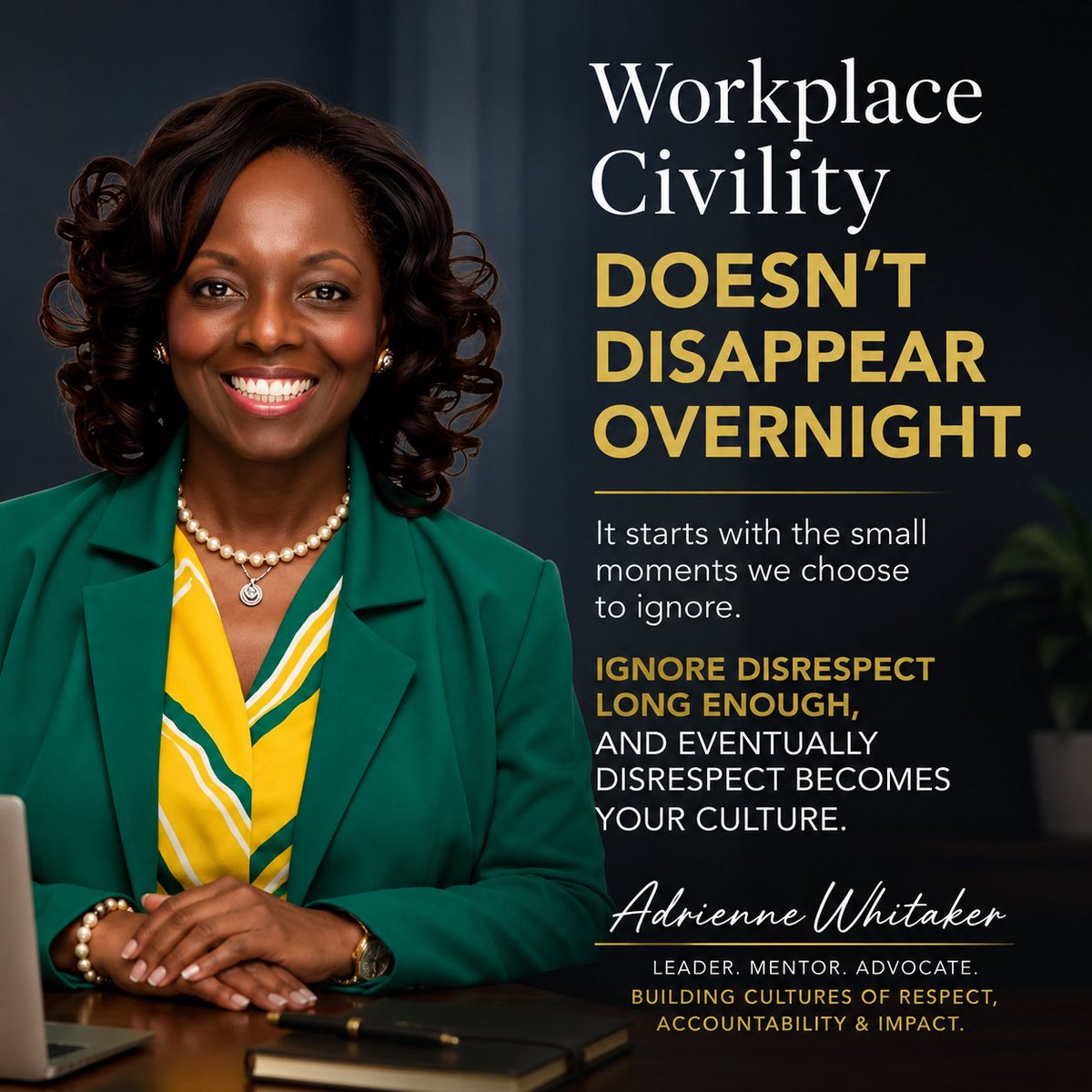 ad2consulting's tweet photo. Workplace civility doesn’t disappear overnight.

It begins with the small moments we choose to ignore.

Eye rolls.
Interruptions.
Public embarrassment.
Disrespect excused because someone “gets results.”

Culture is built one interaction at a time.

#Leadership #WorkplaceCulture https://t.co/OwsIdXpDdX