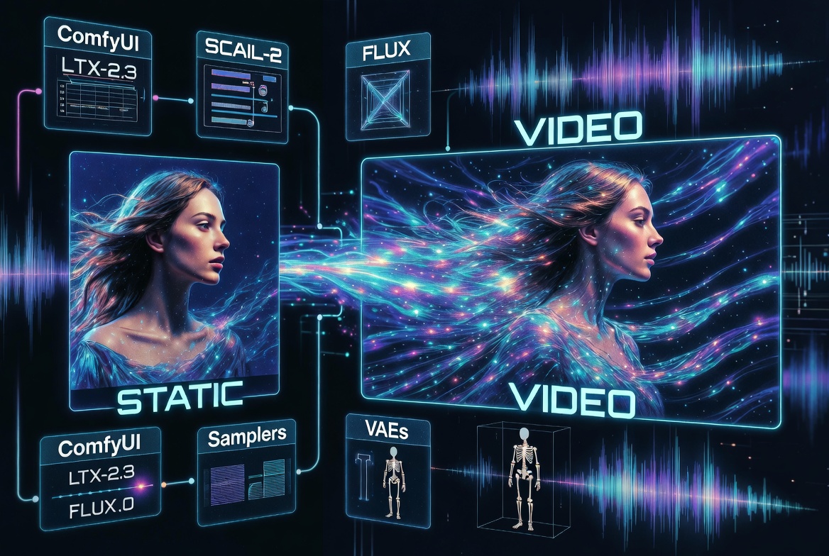 Generate_cmyxt's tweet photo. Just dropped a full guide to the ultimate ComfyUI AI video stack 🔥

LTX-2.3 (video + native audio) + SCAIL-2 (perfect motion cloning) + FLUX (insane image quality)

One-click nodes install, model downloads, and 3 pro workflows included.

Turn static FLUX girls into dancing https://t.co/fc3vmbUSkt