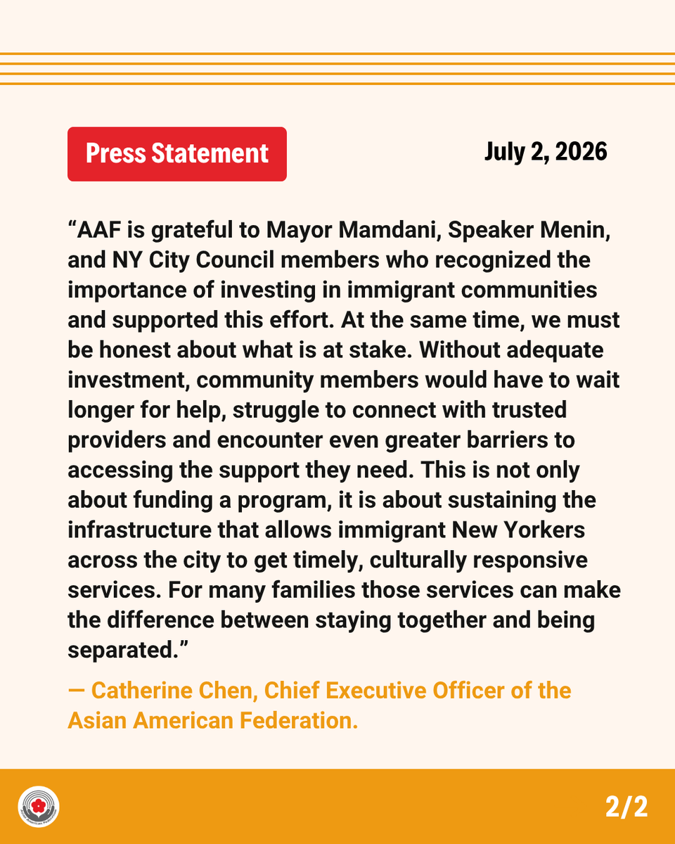 AAFederation's tweet photo. While AAF applauds critical investments in the FY27 City Budget, we and the RISE Network remain concerned that current investments do not match the scale of need and  continue to urge sustained funding for immigrant services for AAPI NYers.
Full statement: https://t.co/AplzBFno5x https://t.co/s7oqbGt7rP